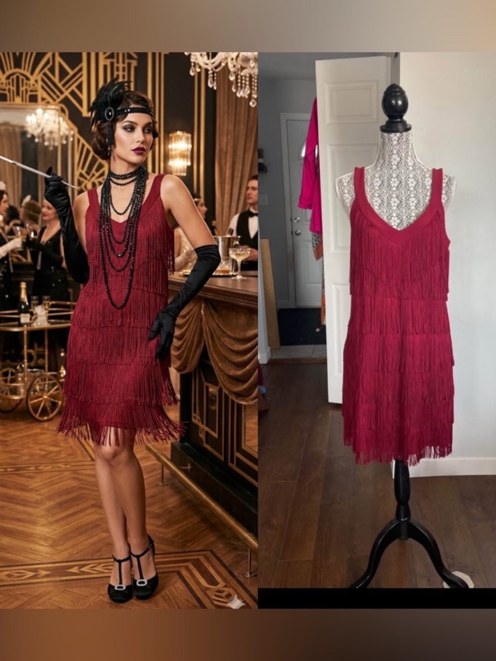 WHBM Tassle Fringe Tiered Party Dress. Burgundy. Medium/Large.